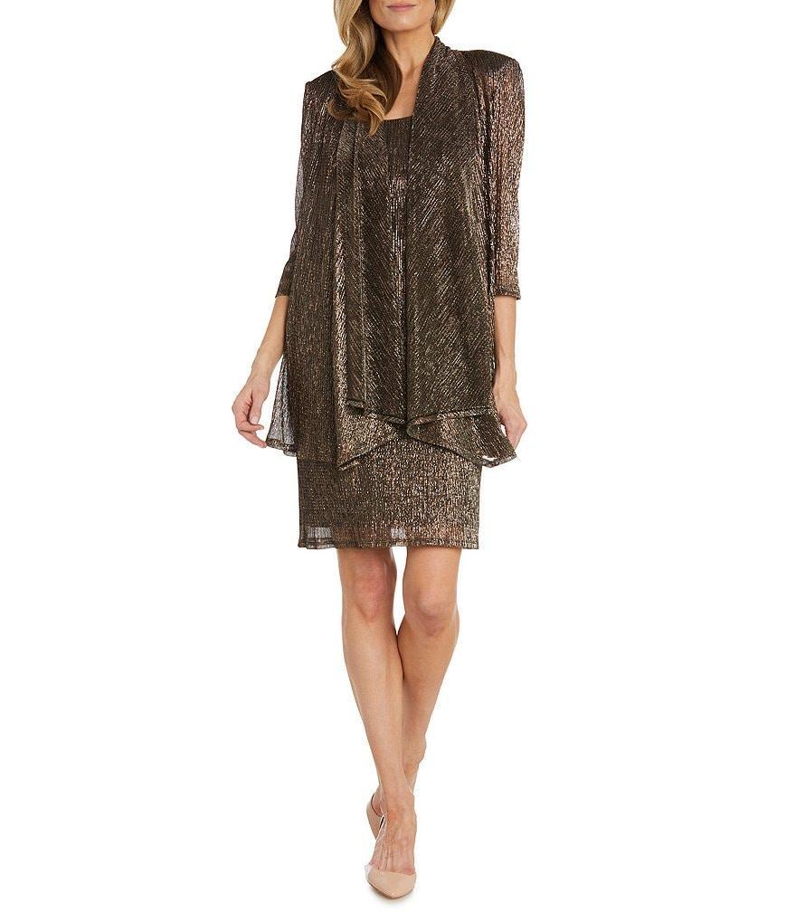 R & M Richards Scoop Neck 3/4 Sleeve Drape Front Metallic 2-Piece Jacket Dress Product Image