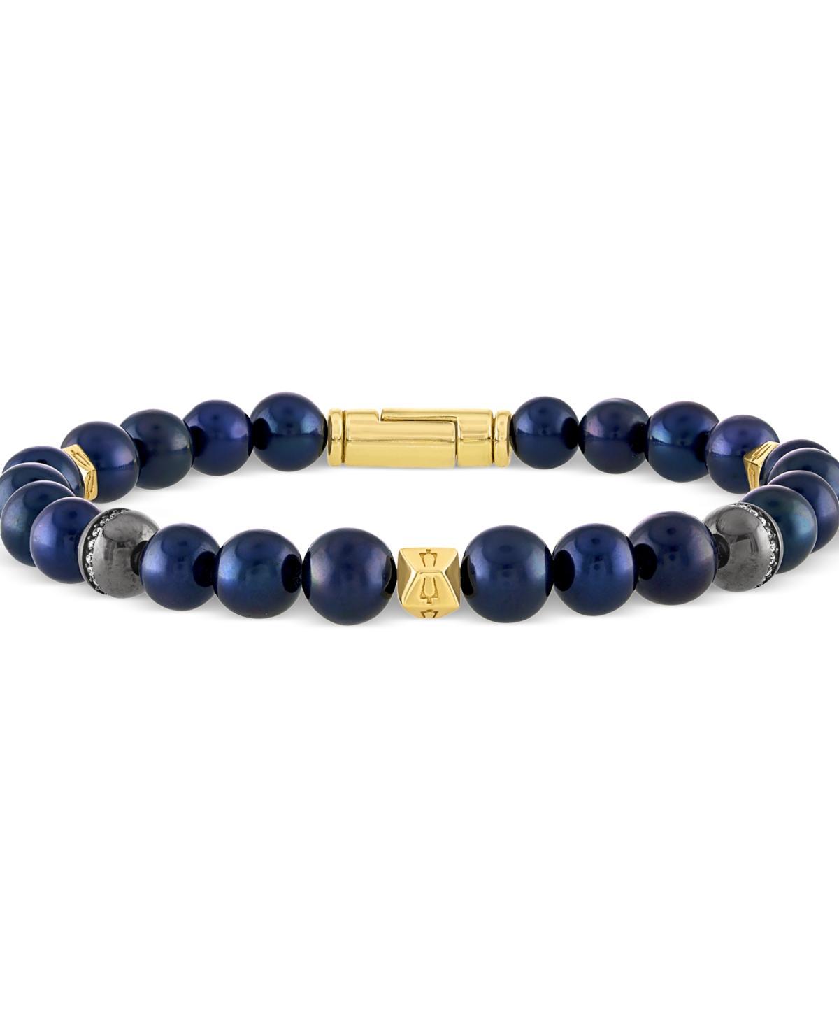 Bulova Mens Marine Star Blue Freshwater Pearl (8mm) & Diamond (1/5 ct. t.w.) Beaded Bracelet in 14k Gold-Plated Sterling Silver Product Image