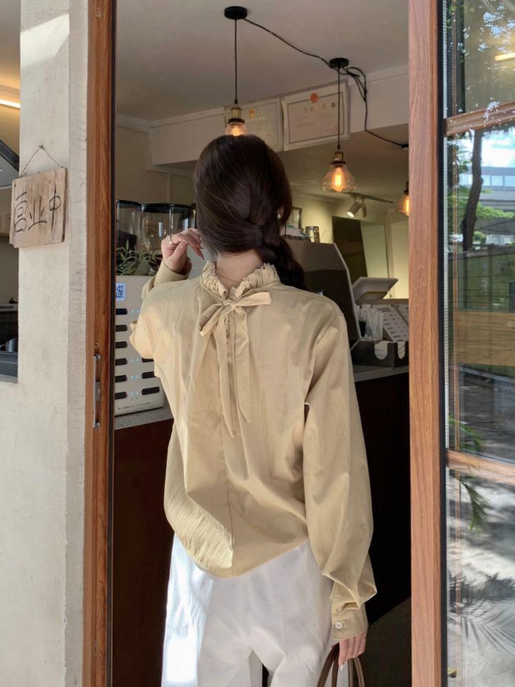 Long-Sleeve Plain Frill Trim Blouse Product Image