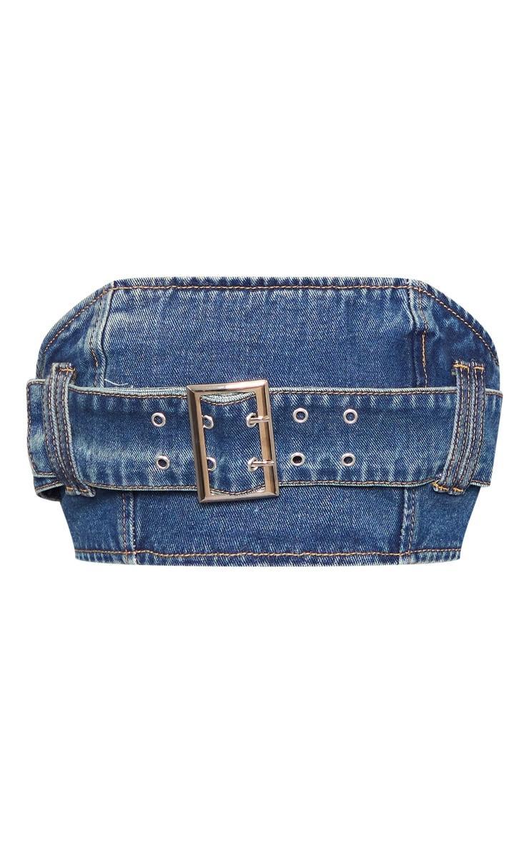  Indigo Vintage Wash Buckle Detail Denim Mini Bandeau Top Product Image