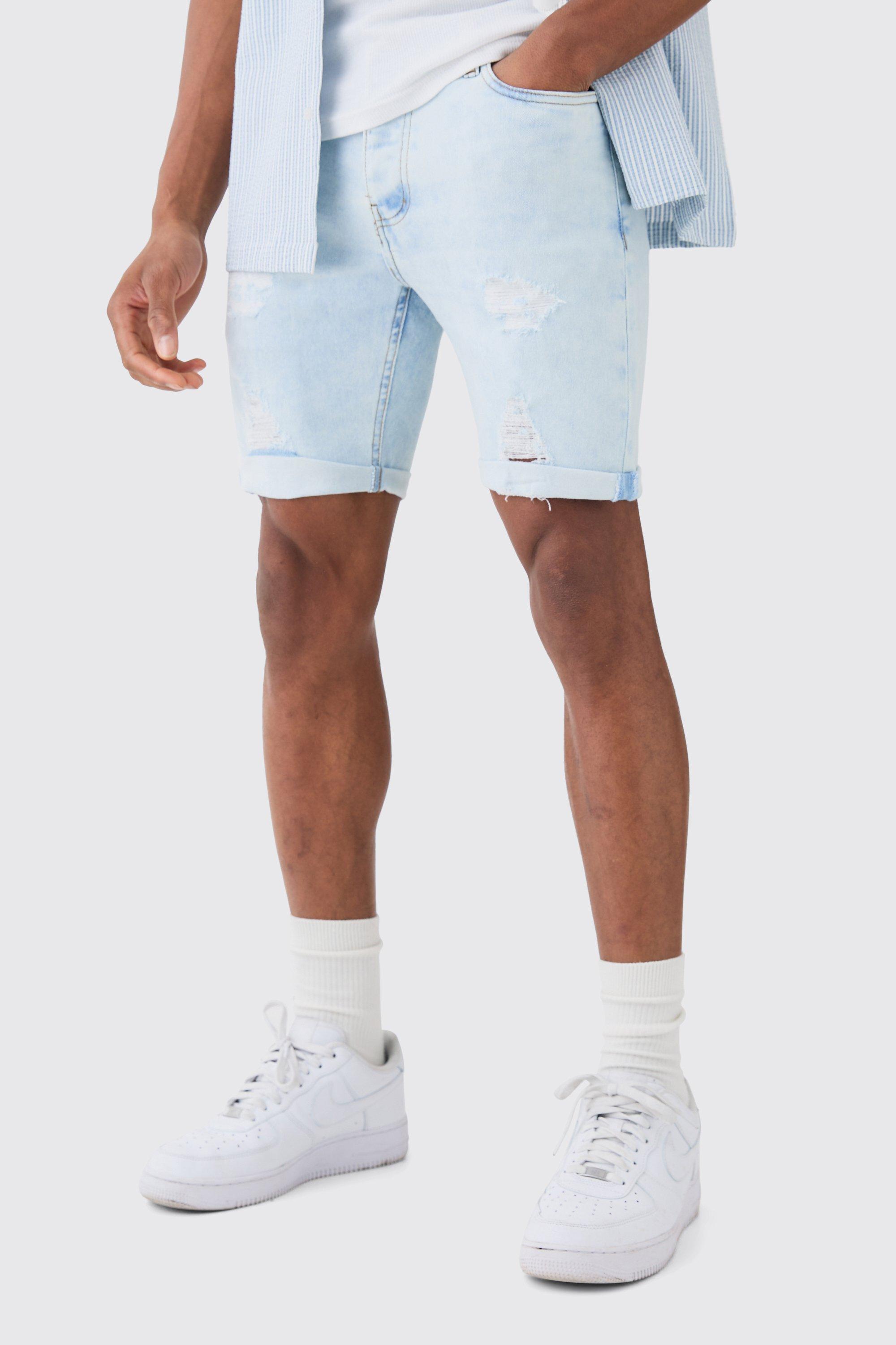 Skinny Stretch Distressed Denim Shorts In Ice Blue | boohooMAN USA Product Image