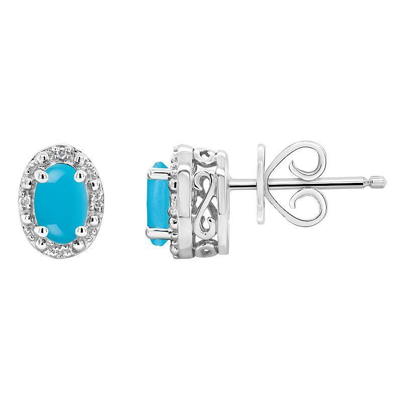 Celebration Gems Sterling Silver Oval Stabilized Turquoise & Diamond Accent Stud Earrings, Womens Product Image