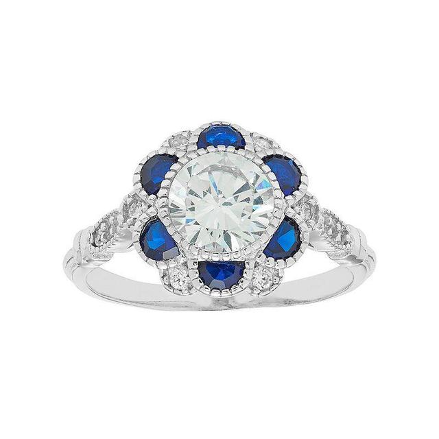 Sterling Silver Cubic Zirconia & Lab-Created Blue Spinel Flower Ring, Womens Product Image