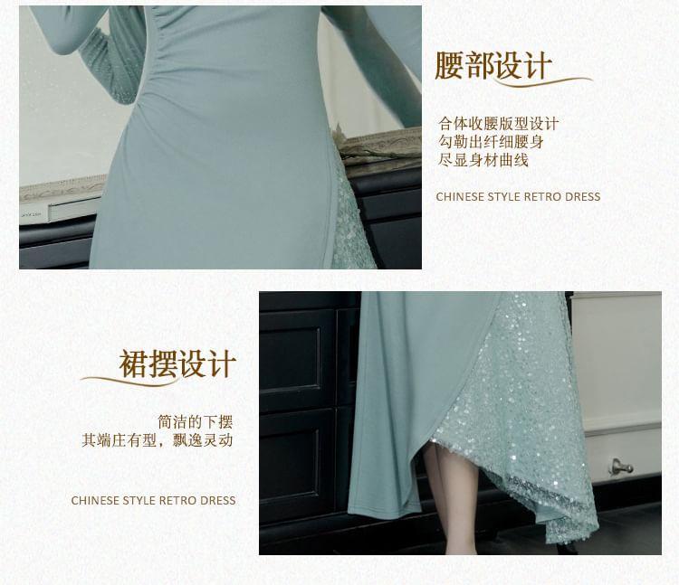 Long Sleeve Square Neck Plain Sequin Panel Asymmetrical Midi A-Line Dress Product Image