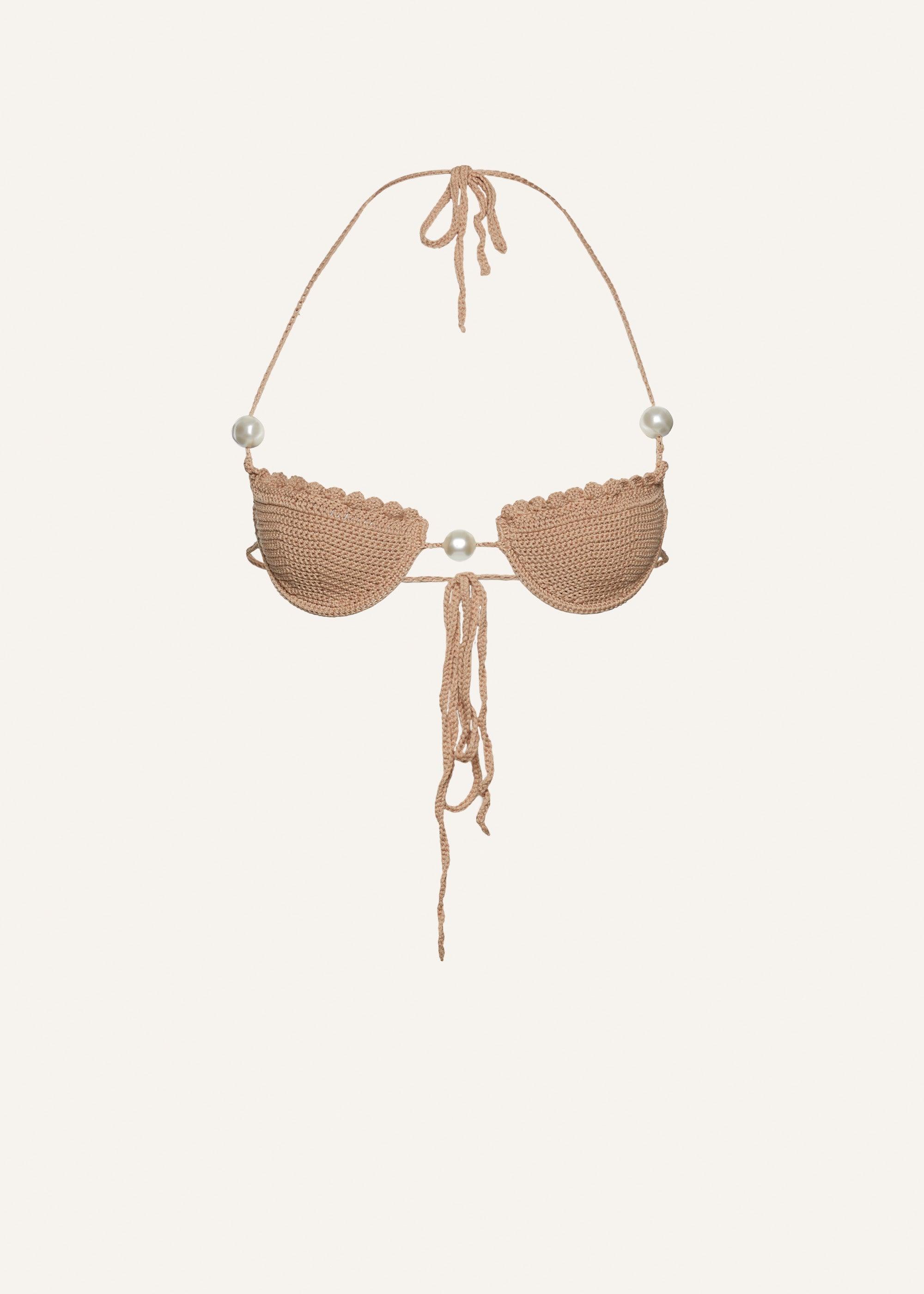 Pearl crochet bra in brown Product Image