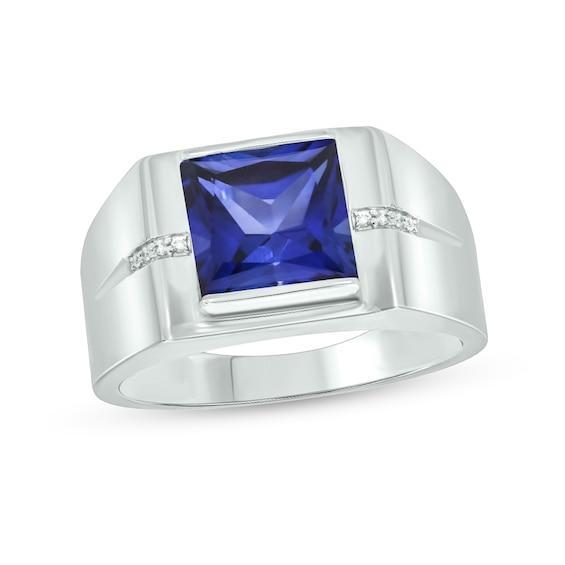 Men's 9.0mm Square-Cut Blue Lab-Created Sapphire and Diamond Accent Groove Shank Ring in 10K White Gold Product Image