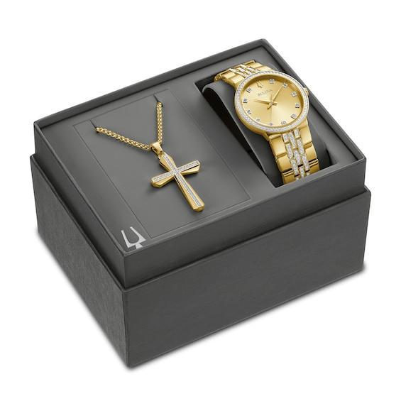 Bulova Mens Crystal Gold Tone Stainless Steel Bracelet Watch and Necklace Box Set Product Image