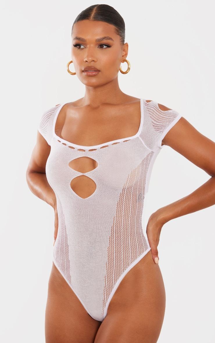 White Sheer Knit Cut Out Panelled Bodysuit Product Image