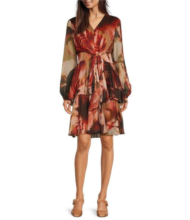 Alex Marie Clarice Floral Print Chiffon Deep V-Neck Long Blouson Sleeve Tie at Waist Tiered Ruffle Above the Knee Dress Product Image