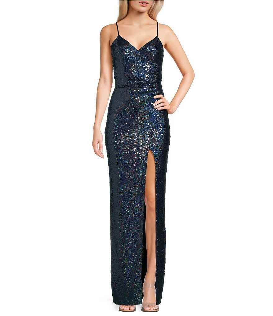 Honey and Rosie Sequin V-Neck Front Slit Long Dress Product Image