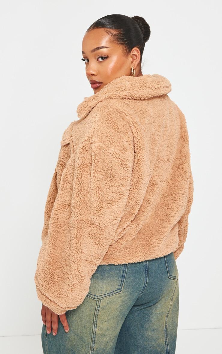 Plus Brown Cropped Sherpa Oversized Jacket Product Image