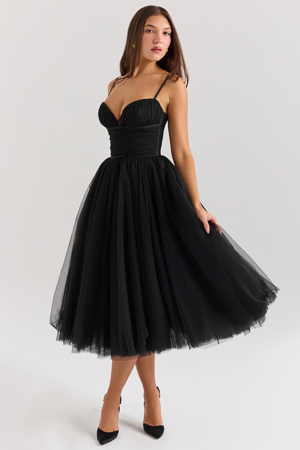 Countess Black Tulle Ruched Bodice Midi Dress Product Image