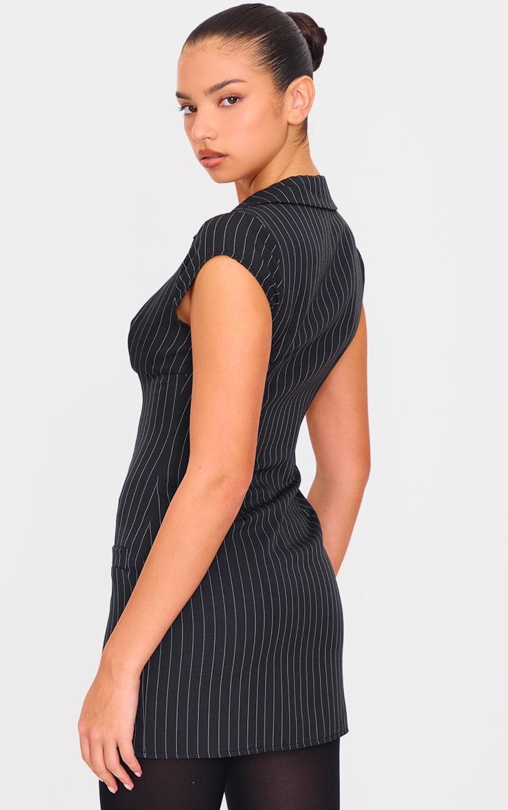  Black Pinstripe Pocket Detail Zip Up Mini Dress Product Image