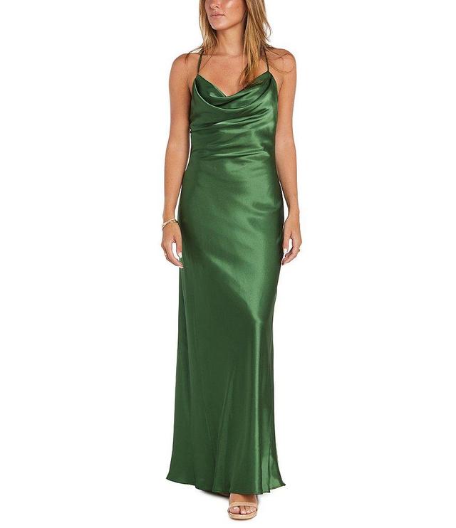 Morgan & Co. Sleeveless Long Spaghetti Strap Charmeuse Draped Front And X Back Long Dress Product Image