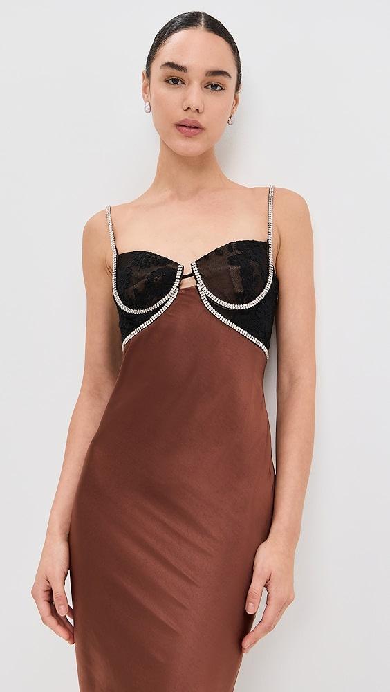 Self Portrait Brown Satin Diamante Maxi Dress | Shopbop Product Image