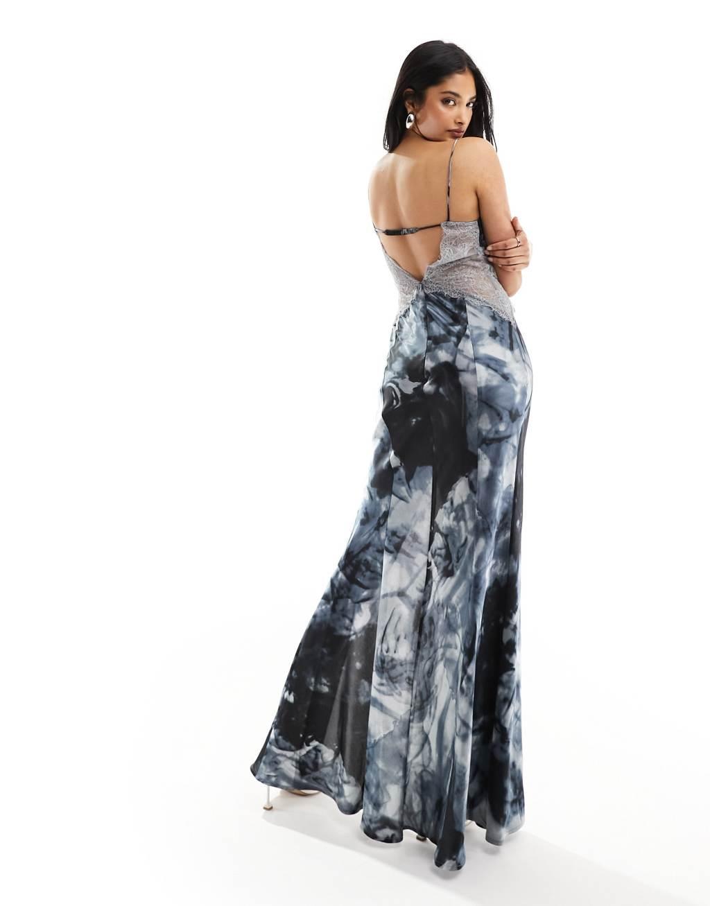 ASOS DESIGN satin lace insert keyhole maxi dress in gray abstract print Product Image