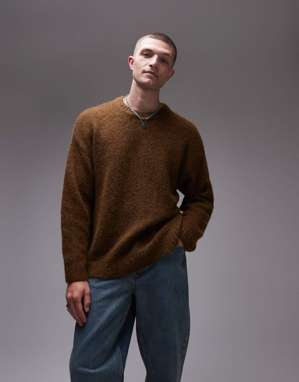 Topman relaxed fit sweater in brown Product Image