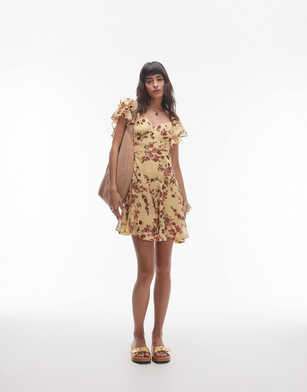 Topshop ruffle mini tea dress in yellow and pink ditsy floral print Product Image