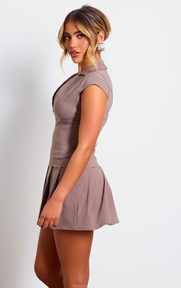 Taupe Zip Up Pleated Shift Dress Product Image