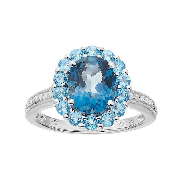 Celebration Gems Sterling Silver London Blue Topaz, Blue Topaz & 1/10 Carat T.W. Diamond Oval Halo Ring, Womens Product Image