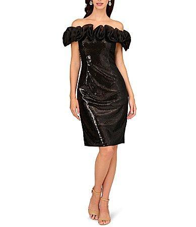 Womens Sequined Ruffled Off-the-Shoulder Sheath Dress Product Image