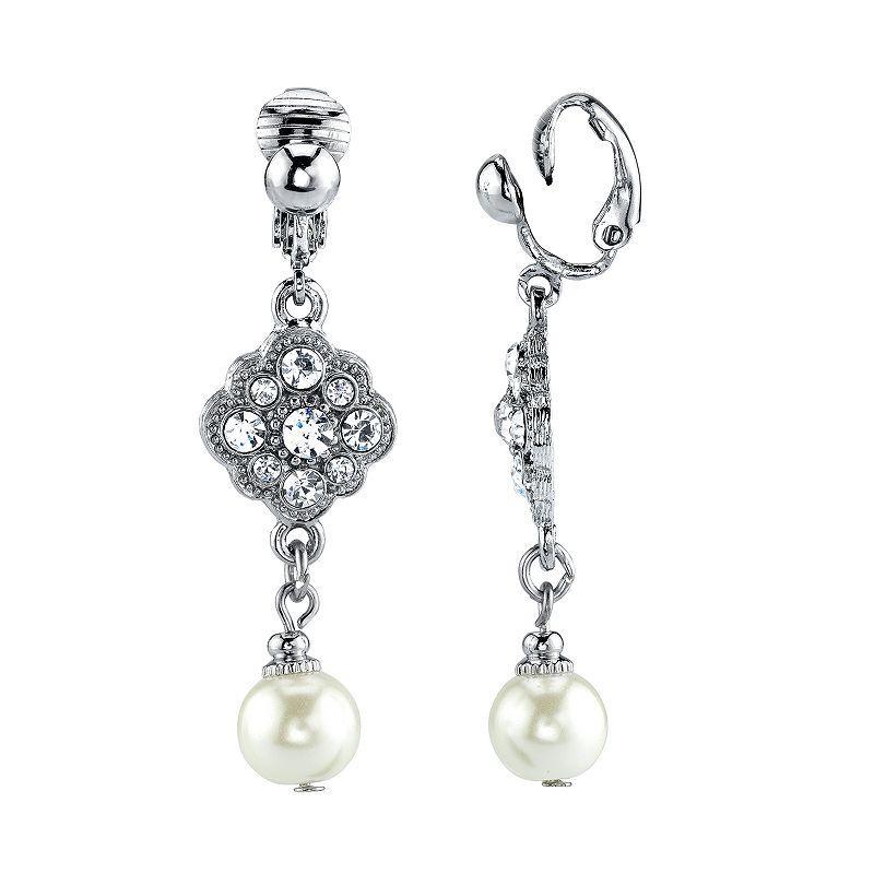 1928 Silver Tone Simulated Stone & Pearl Clip-On Linear Drop Earrings, Womens, White Product Image