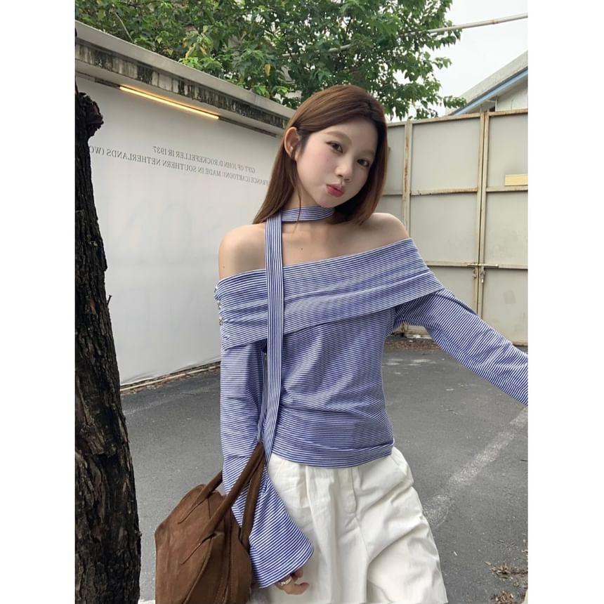 Off Shoulder Striped Cropped T-Shirt product image