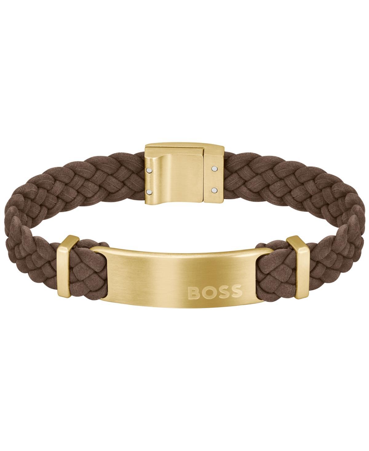 Boss Mens Dylan Ionic Plated Thin Gold-Tone Steel Brown Leather Bracelet Product Image