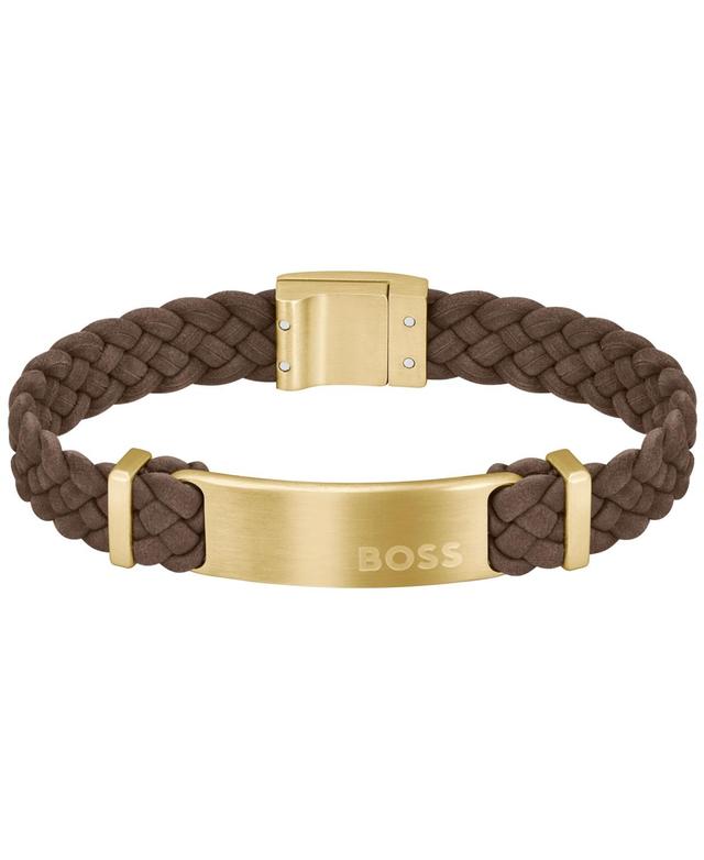 Hugo Boss Mens Dylan Ionic Plated Thin Gold-Tone Steel Brown Leather Bracelet Product Image