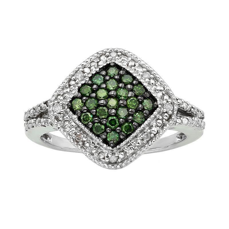 Jewelexcess Sterling Silver 1/3-ct. T.W. Green and White Diamond Square Halo Ring, Womens Product Image