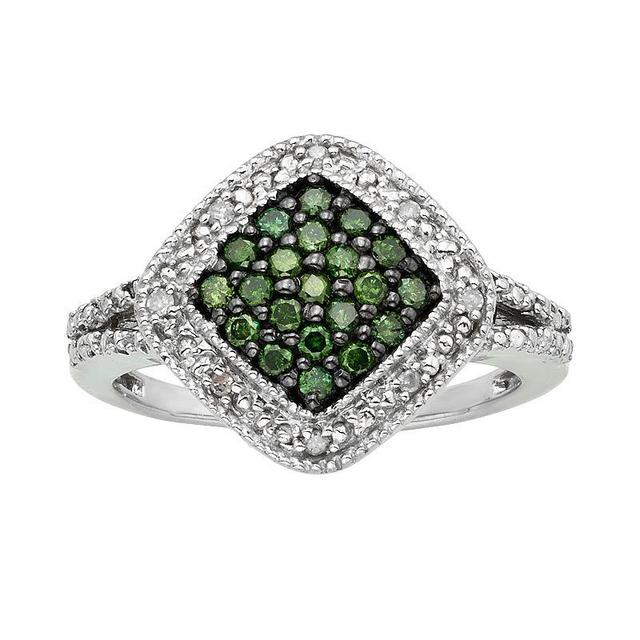 Jewelexcess Sterling Silver 1/3-ct. T.W. Green and White Diamond Square Halo Ring, Womens Product Image