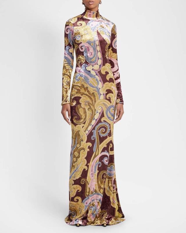 Paisley Crushed Velvet Long-Sleeve Maxi Dress Product Image