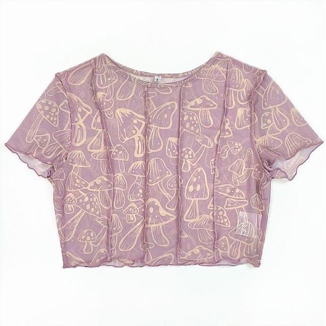 Short-Sleeve Mesh Ruffle Trim Mushroom Print Crop Top Product Image