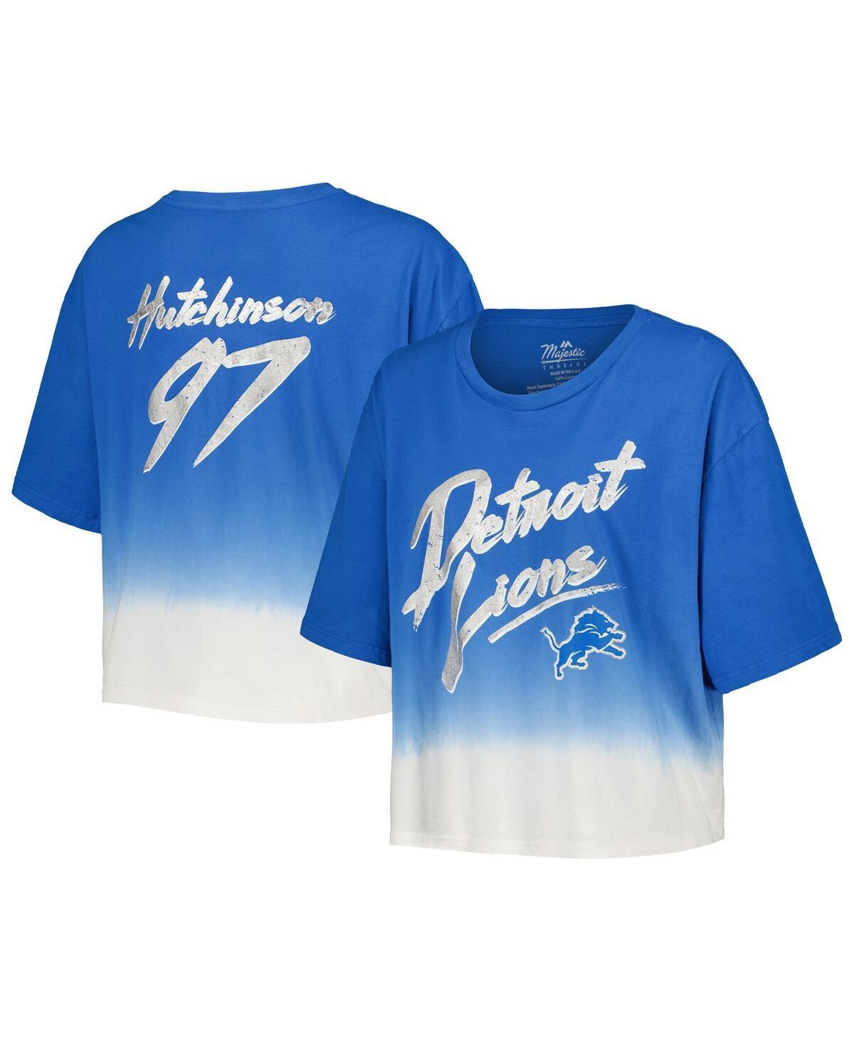 Womens Majestic Threads Aidan Hutchinson Blue Distressed Detroit Lions Dip-Dye Player Name and Number Crop Top - Blue Product Image