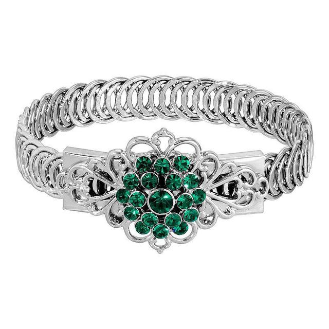 1928 Silver Tone Emerald Green Flower Overlay Belt Bracelet, Womens Product Image