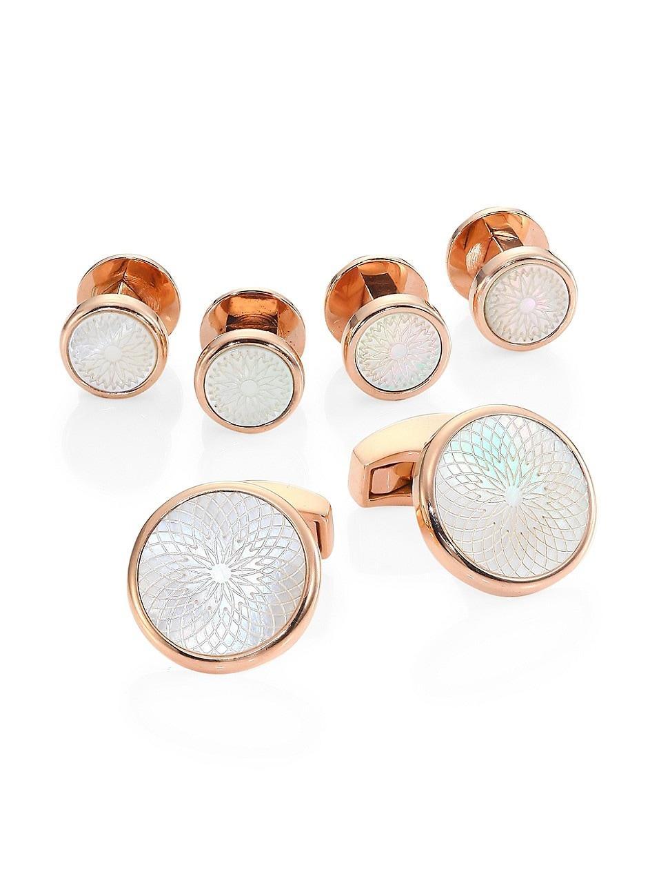 Mens Rotondo Guilloche Mother-of-Pearl Rose Goldplated Cufflinks & Shirt Studs Set Product Image