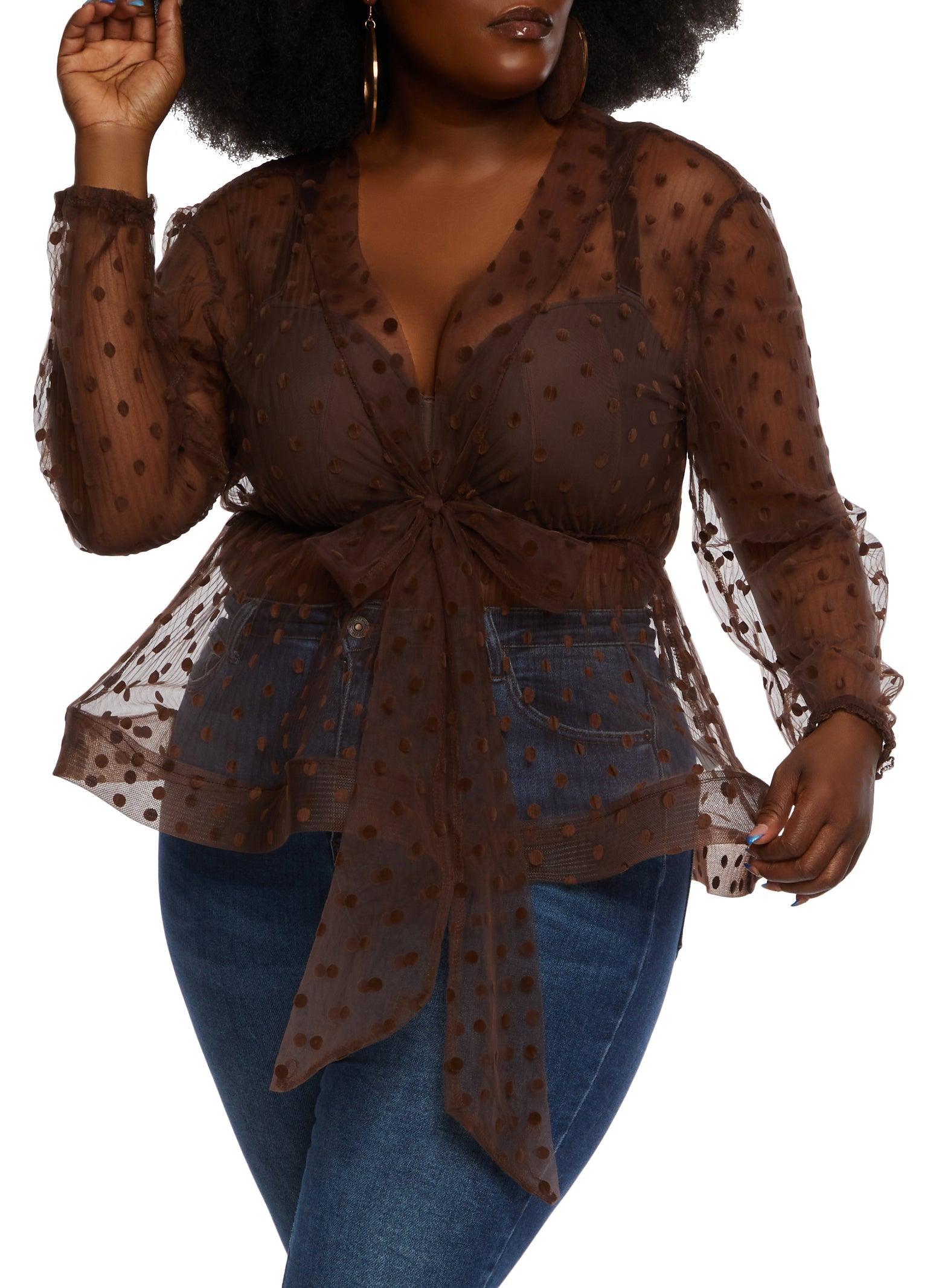 Womens Plus Size Velvet Burnout Polka Dot Tie Waist Blouse Product Image