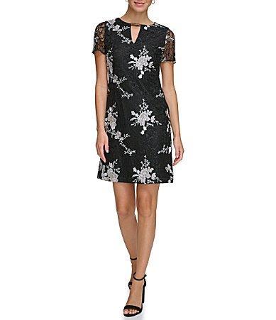 Kensie Embroidered Lace Crew Neckline with Keyhole Short Sleeve Shift Dress Product Image