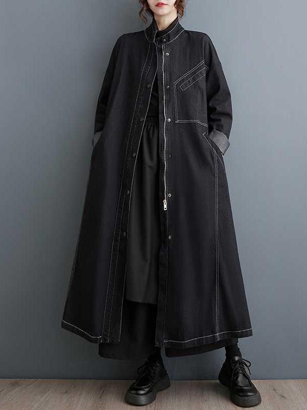 Long Sleeves Loose Buttoned Pockets Split-Joint Stand Collar Outerwear Trench Coats Product Image