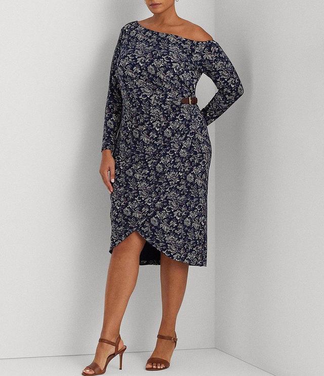 Lauren Ralph Lauren Plus Size Long Sleeve Off-the-Shoulder Floral Faux Wrap Dress Product Image