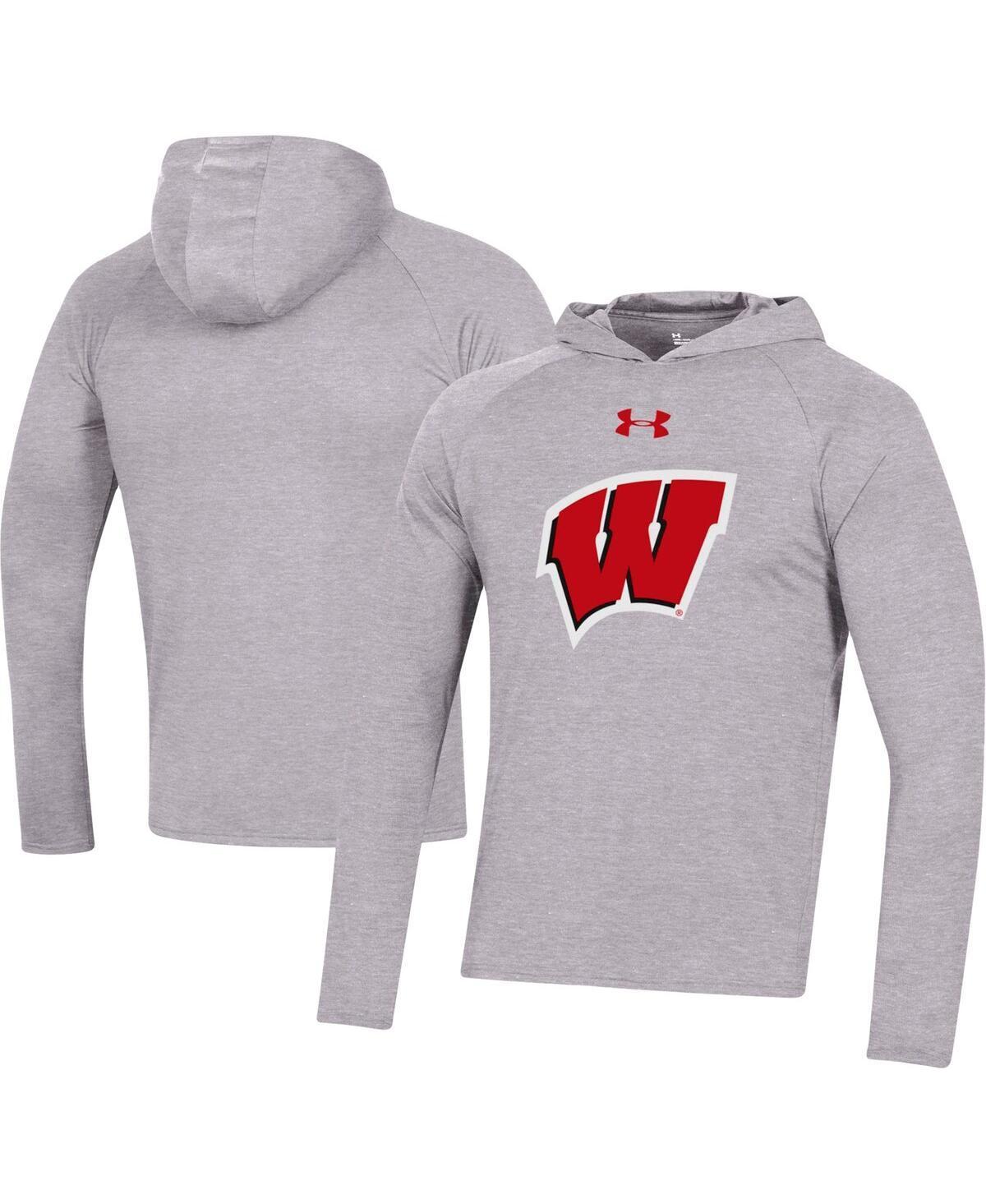 Mens Under Armour Heather Gray Wisconsin Badgers School Logo Raglan Long Sleeve Hoodie Performance T-Shirt Product Image