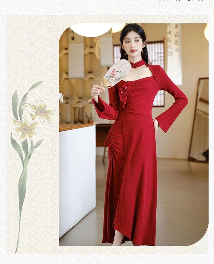 Long-Sleeve Stand Collar Plain Asymmetrical Cutout Ruched Maxi A-Line Dress Product Image