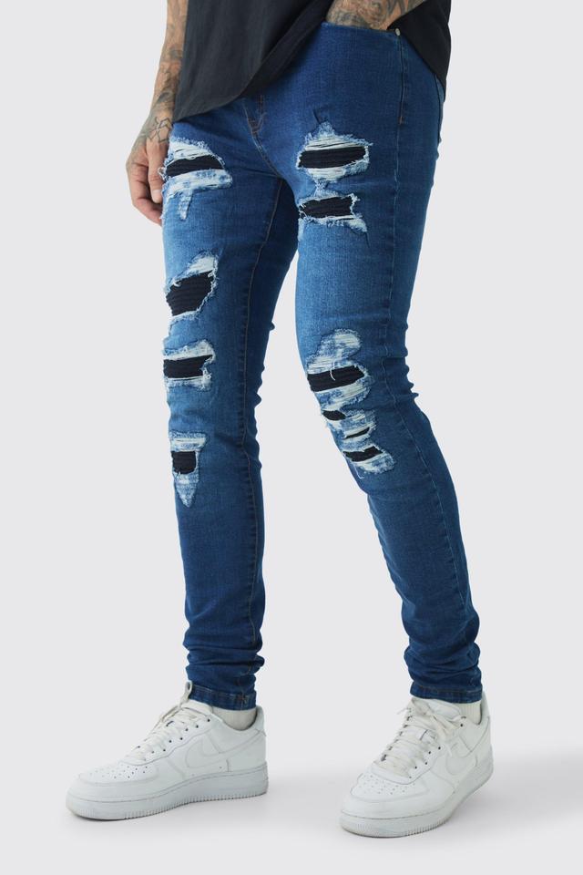 Tall Super Skinny Stretch Biker Rip & Repair Jeans in Vintage Blue | boohooMAN USA Product Image