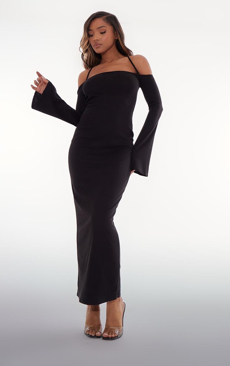 Black Rib Long Sleeve Square Neck Split Leg Maxi Dress product image