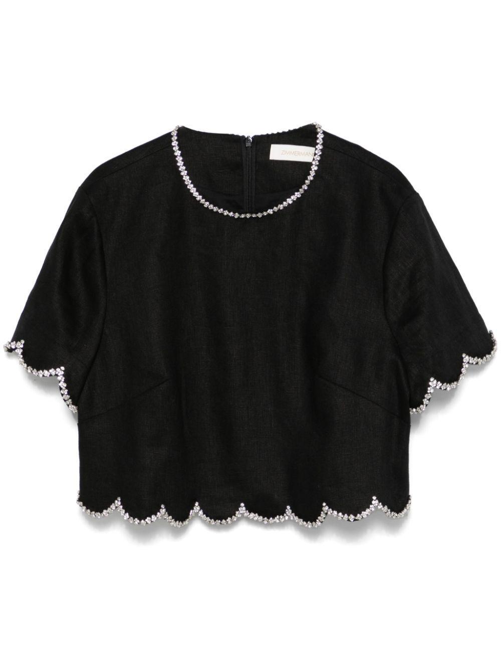 ZIMMERMANN Crystal Embellished Scalloped Linen Crop Top In Black Product Image