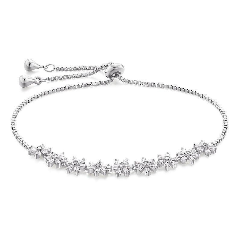 Sterling Silver Cubic Zirconia Flower Adjustable Bolo Bracelet, Womens White Product Image