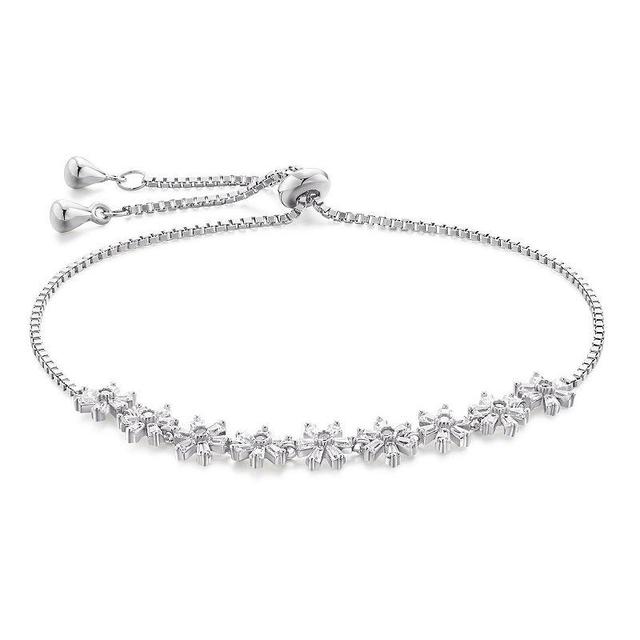 Sterling Silver Cubic Zirconia Flower Adjustable Bolo Bracelet, Womens Product Image