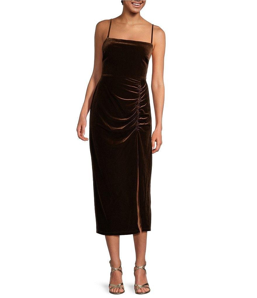 Taylor Velvet Square Neck Sleeveless Gathered Side Slit Dress Product Image