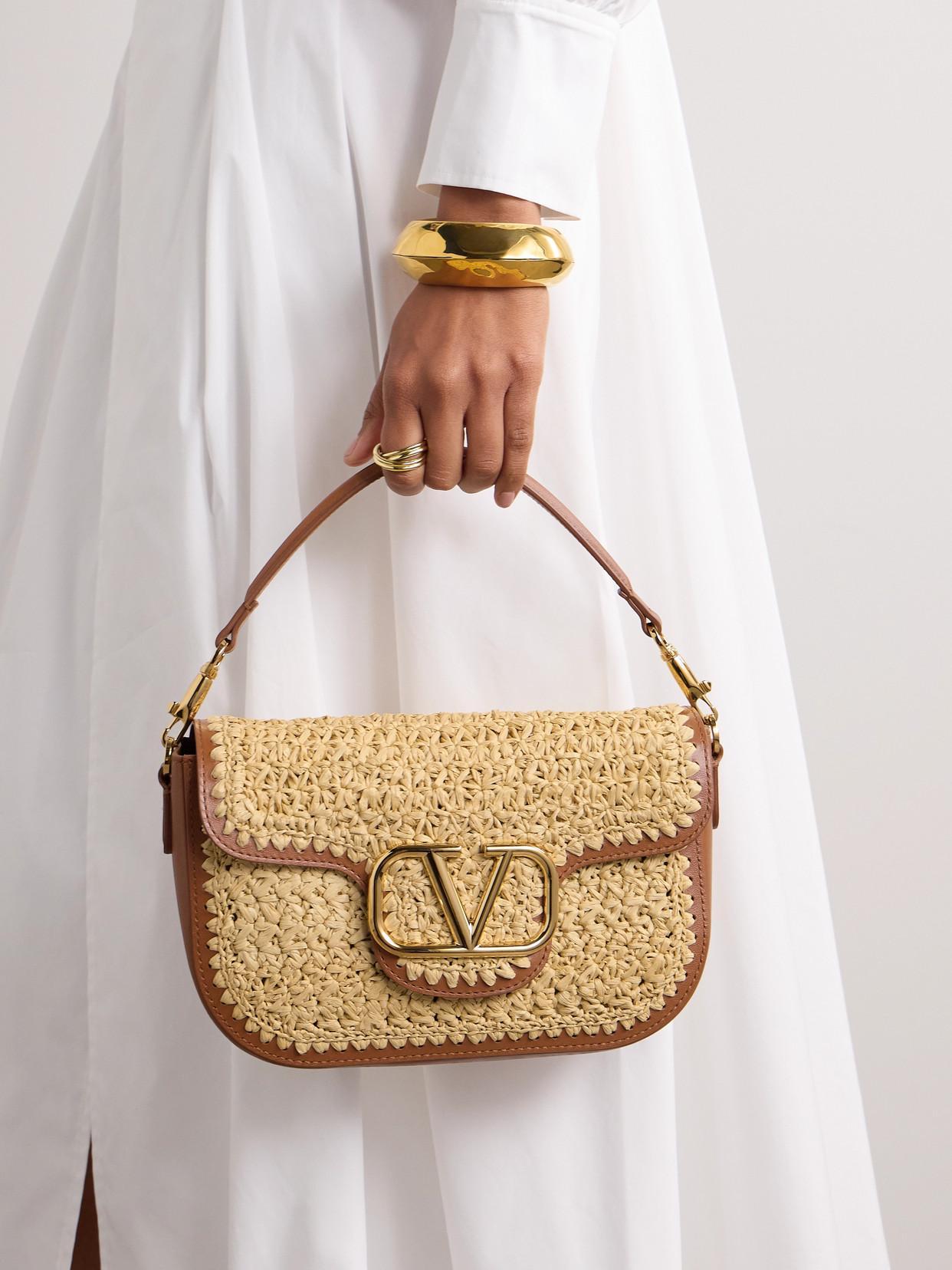 Alltime Leather And Webbing-trimmed Faux Raffia Shoulder Bag In Beige Product Image