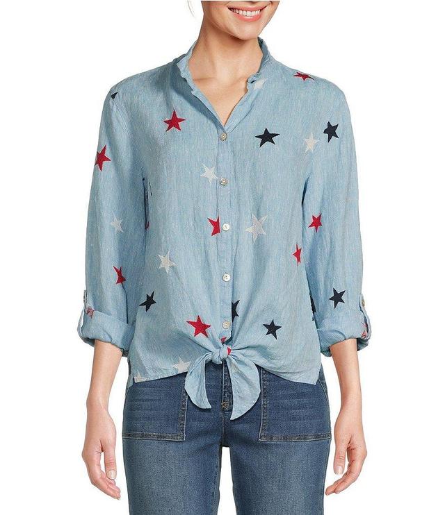 John Mark Embroidered Star Linen Point Collar Roll-Tab Sleeve Button Front Top Product Image